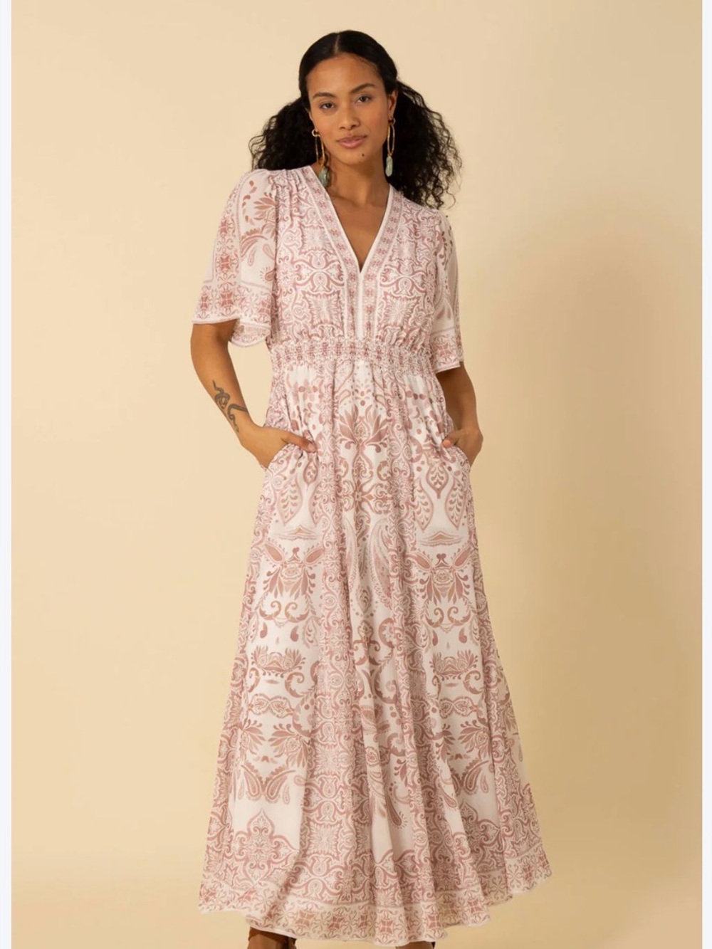 Hale Bob Blush Paisley V-Neck Maxi Dress